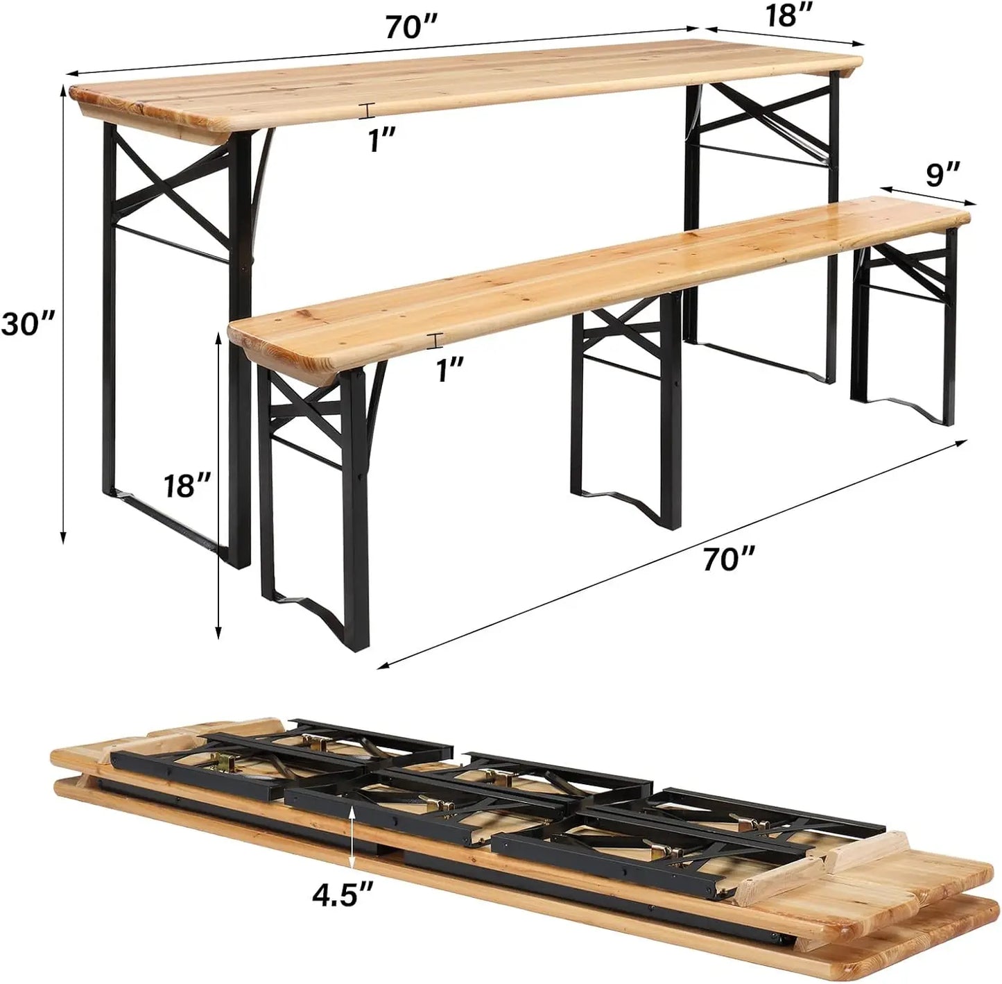 70 Inch Folding Picnic Tables with Benches Set, Weather-Resistant Wooden Beer Garden Table Bench, 3-Piece Portable Fold Up