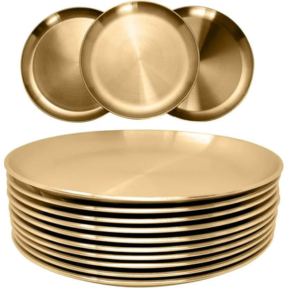 Steel Plates Metal Gold Dinner Plates Unbreakable Dinner Dishes Plates Set For Camping Outdoor