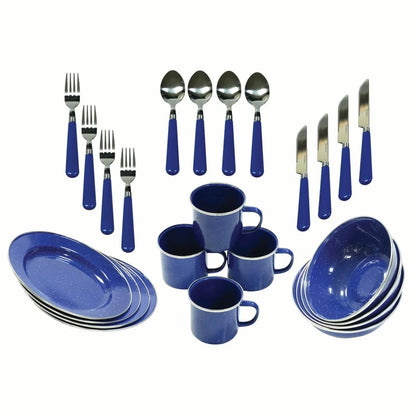24 Piece Enamel Dinnerware Set Stainless Steel Camping Tableware Lightweight Durable