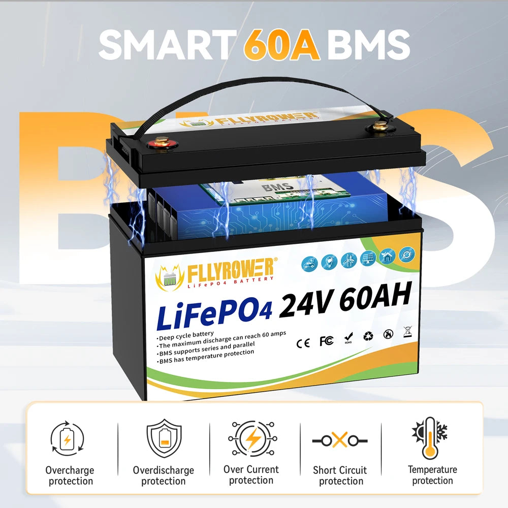 24V 60AH LiFePO4 Battery Pack With 60A BMS 8000+ Cycles For Campers Off-Road Off-grid Solar Wind Lithium Iron Phosphate Battery