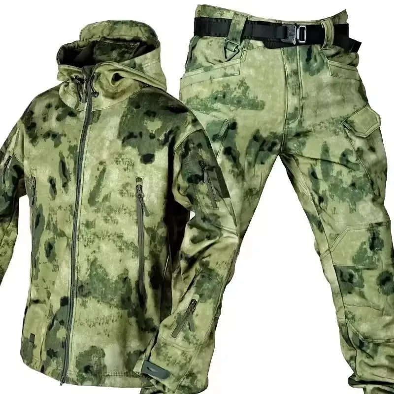 Winter Thicken Men Camo Suit Waterproof Tactical Training Set Multi-pocket Hooded Jacket Fleece Pants Outdoor Hunting 2-piece