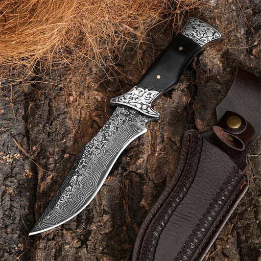 1Pc Stainless Steel Fixed Blade Knife Set with Leather Sheath