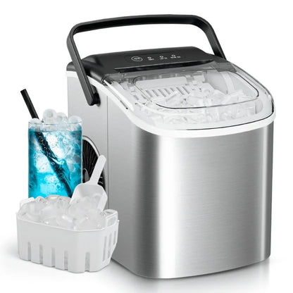 Simzlife Countertop Ice Maker with Handle, 9 bullet ice in 6 Mins, 26Lbs/24H, Self-Cleaning, Ice Maker with Basket and Scoop