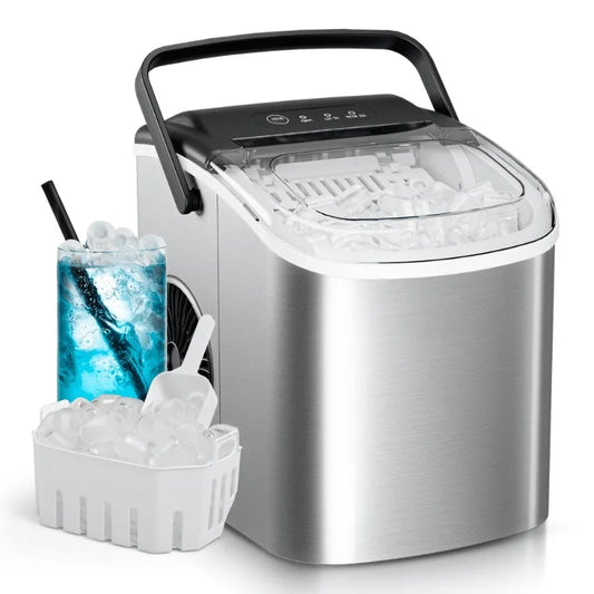 Simzlife Countertop Ice Maker with Handle, 9 bullet ice in 6 Mins, 26Lbs/24H, Self-Cleaning, Ice Maker with Basket and Scoop