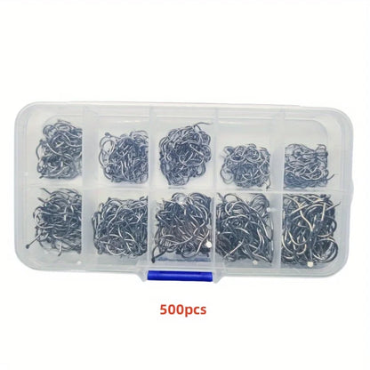 300/500 carbon steel fishing hook set, including sizes 3-12, with barbed sharp hooks