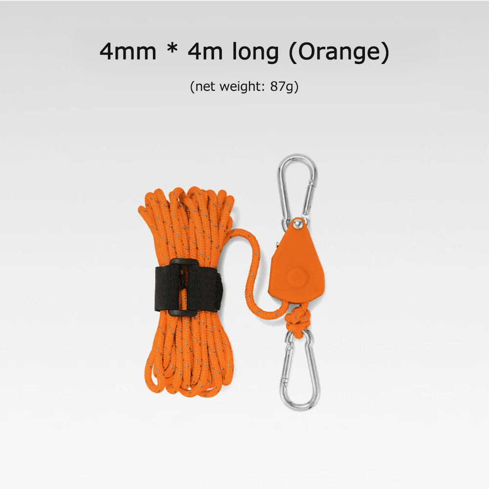 4mm 4m Awning Wind Rope Fastener Reflective Tent Wind Rope Fixed Buckle with Carabiner Wind Rope Fastener Adjustable for Outdoor