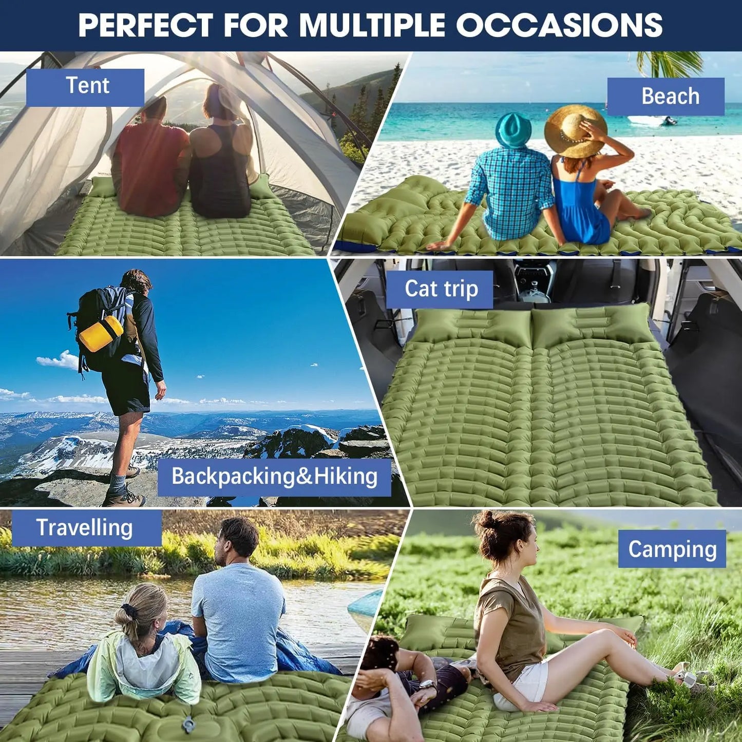 Double Sleeping Pad for Camping - Ultralight Camping Mattress with Pillow, Built-in Foot Pump, Inflatable 2-Person Portable Mat