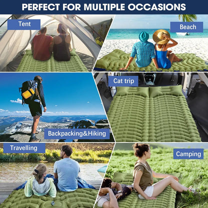 Double Sleeping Pad for Camping - Ultralight Camping Mattress with Pillow, Built-in Foot Pump, Inflatable 2-Person Portable Mat