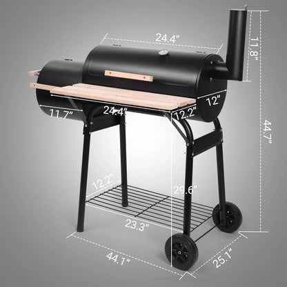 BBQ Charcoal Grill, Outdoor Patio Barbecue Cooker with Offset Smoker, Wheels and Tray for Balcony Picnics, Party and Camping