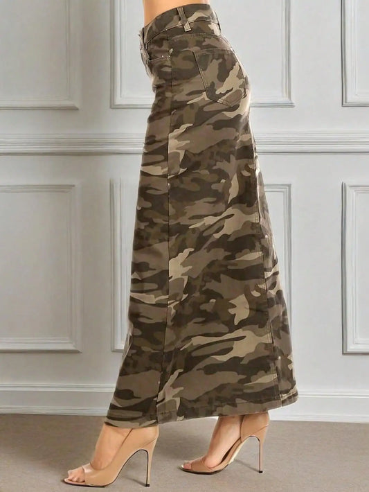 2025 New Style Women's Camouflage Denim Maxi Skirt High  Waisted Long Skirt Casual Fashion Streetwear