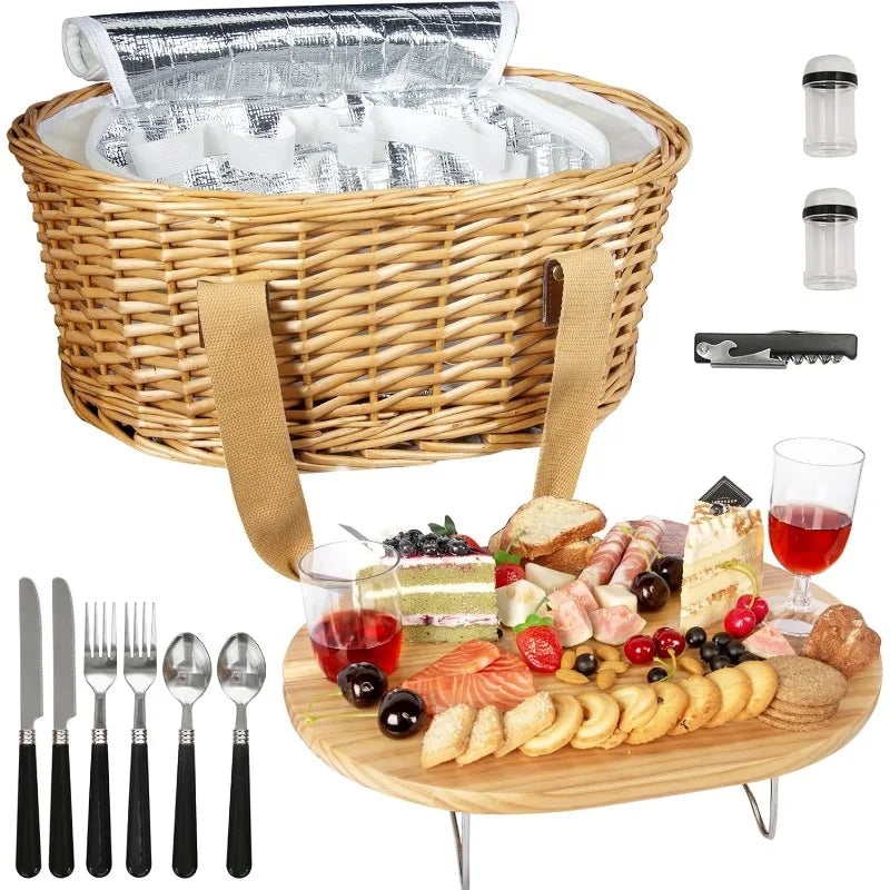 Picnic Basket Set for 2 with Mini Folding Wine Picnic Table & Large Insulated Cooler Bag & Cutlery Service Kits for 2 Person