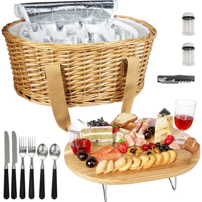Picnic Basket Set for 2 with Mini Folding Wine Picnic Table & Large Insulated Cooler Bag & Cutlery Service Kits for 2 Person