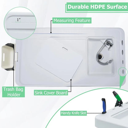 Outdoor Sink Fish Cleaning Table Portable Camping Table with Faucet Hose Hook Up Grid Rack, Fish Fillet Camping Sink Table, Fis