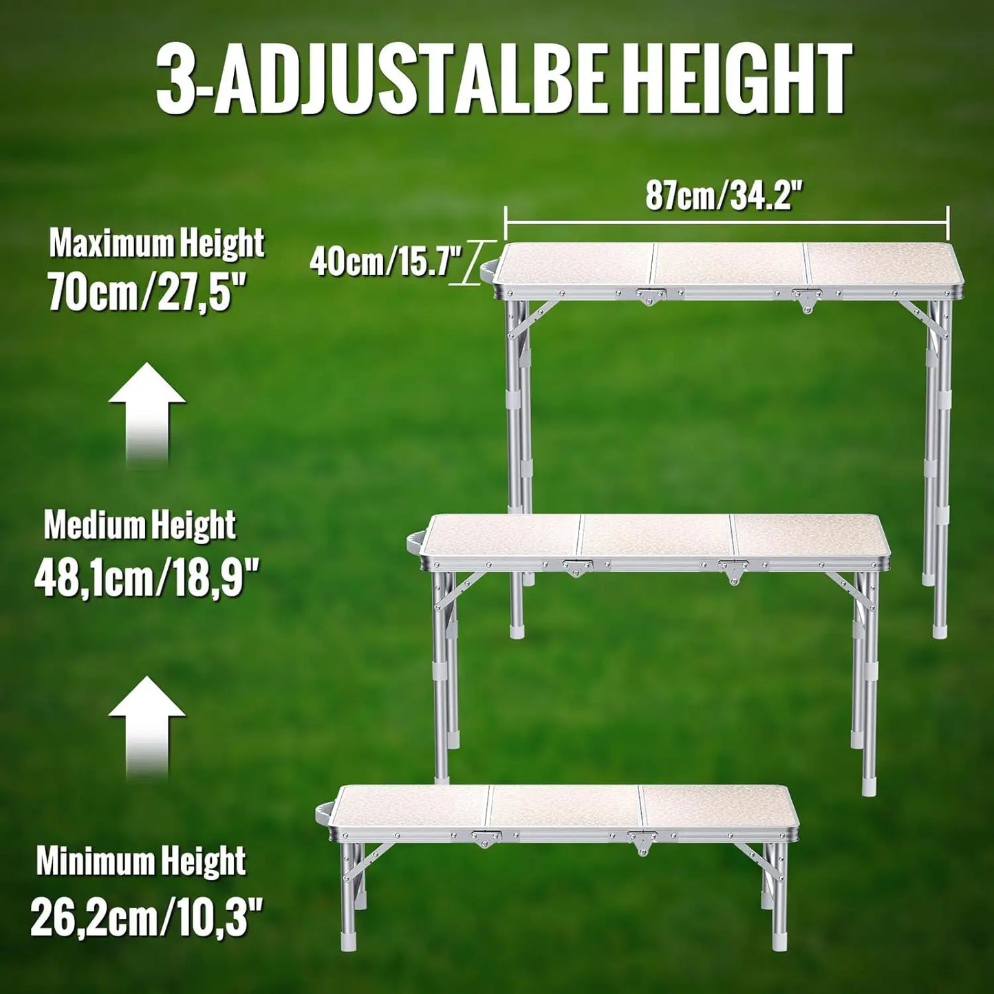 Folding camping table,87x40cm,3 adjustable heights (26/48/70cm),portable for camping,picnic,garden use