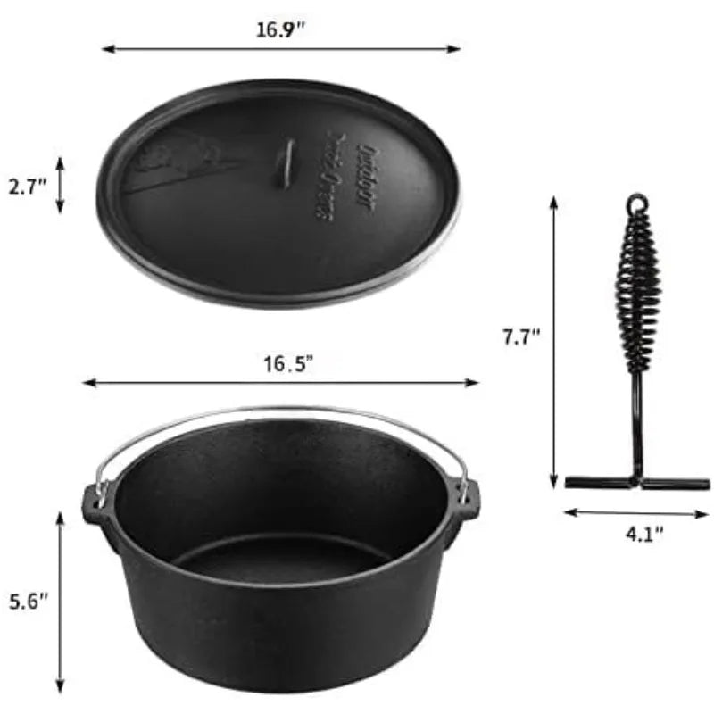 12 Qt Pre-Seasoned Camping Cookware Pot with Lid - Lid Lifter, Cast Iron Dutch Oven