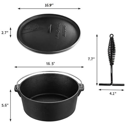 12 Qt Pre-Seasoned Camping Cookware Pot with Lid - Lid Lifter, Cast Iron Dutch Oven