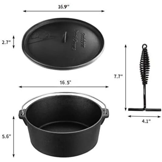 12 Qt Pre-Seasoned Camping Cookware Pot with Lid - Lid Lifter, Cast Iron Dutch Oven