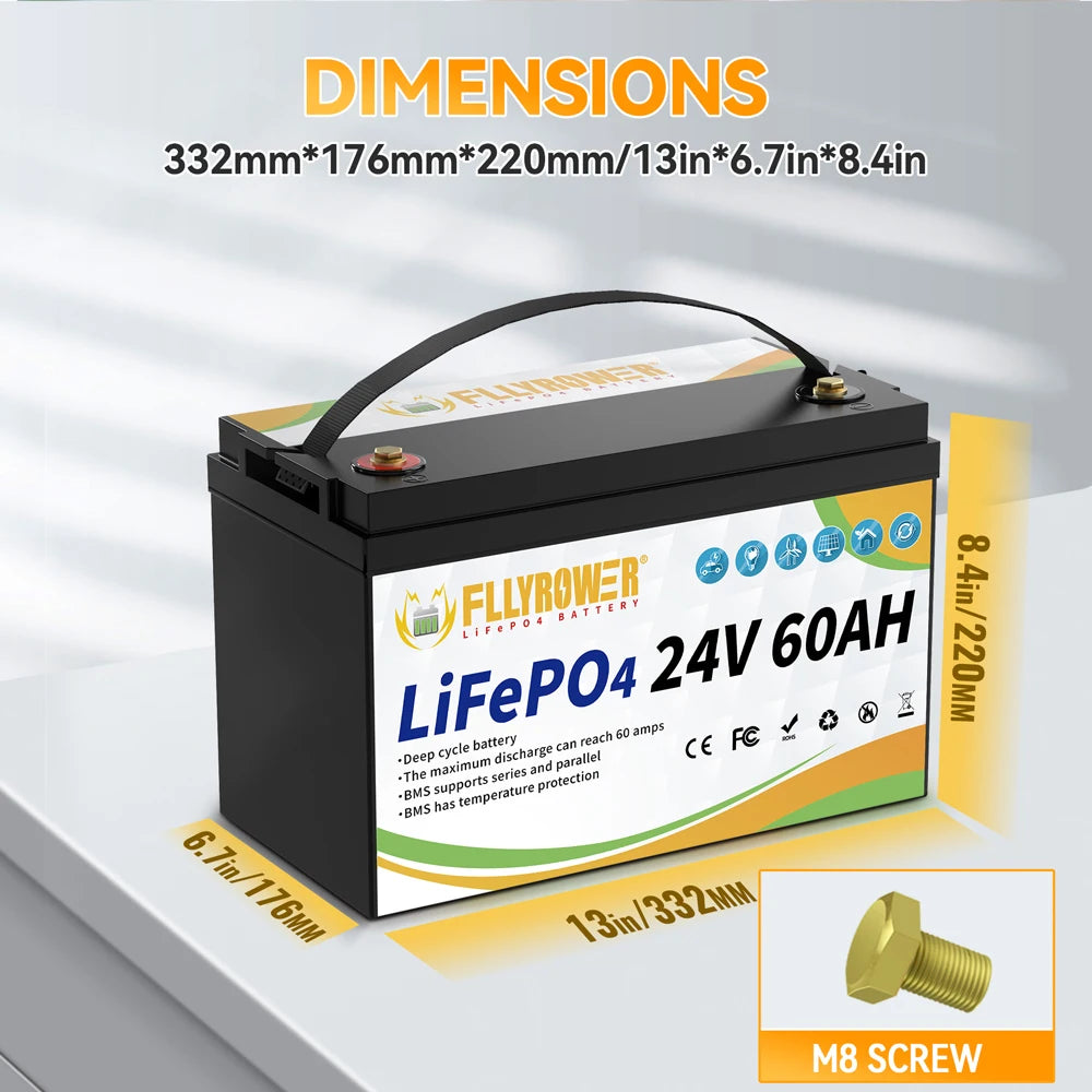 24V 60AH LiFePO4 Battery Pack With 60A BMS 8000+ Cycles For Campers Off-Road Off-grid Solar Wind Lithium Iron Phosphate Battery