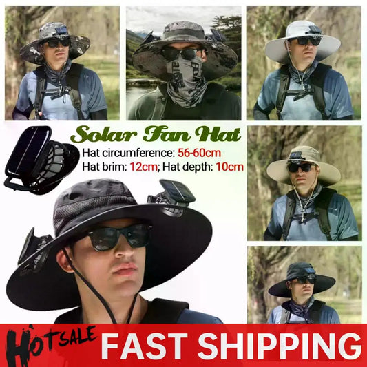 Outdoor Solar Fan  with 1/2 Solar Powered Fans Cap Breathable Wide Brim Fishing Hat for Camping Hiking