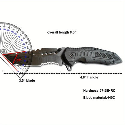 Tactical Folding Knife with Serrated Blade, Glass Breaker & Bottle Opener, EDC Pocket Knife for Men, Outdoor Survival Camping