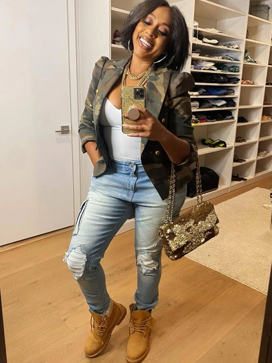 Camouflage Printed Double Breasted Jacket, Casual Long Sleeved Lapel Open Top,   Women's Clothing
