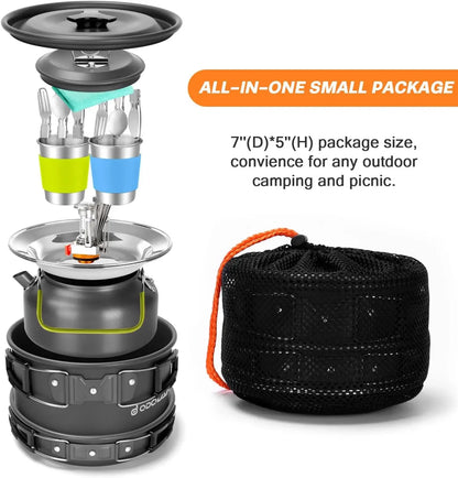 16pcs Camping Cookware Set with Folding Camping Stove, Non-Stick Lightweight Pot Pan Kettle Set with Stainless Steel Cups Plates