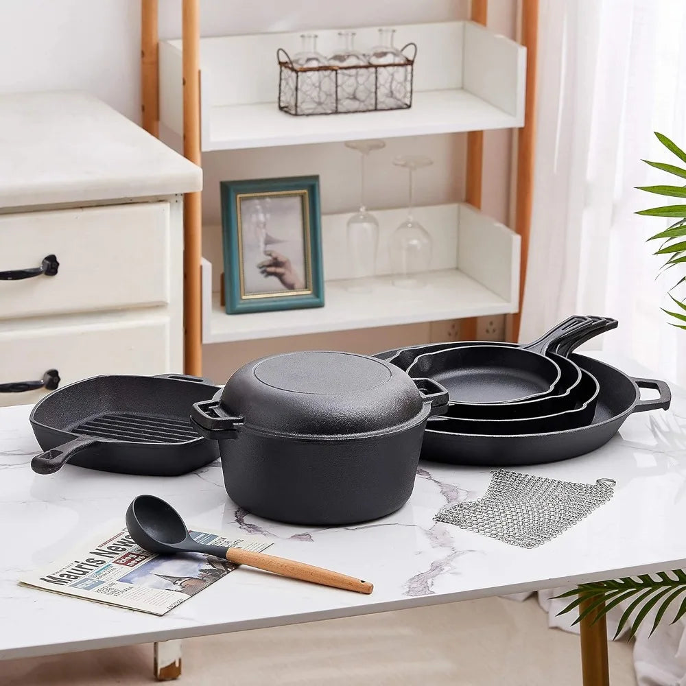 8 piece cast iron camping cookware - durable POTS and pot covers for cooking - the ideal gift for home or camping