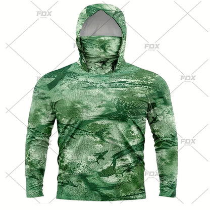 Army Green Camo Colorful Hoodie with Face Mask UV 50+Gaiter Fishing Clothing Men&