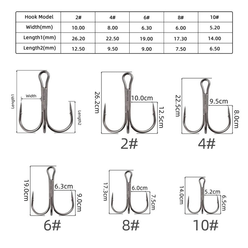 50pcs/box Treble Fishing Hook Fishing Hook High Carbon Steel Treble Overturned Hooks Fishing Tackle Round Bend Treble For Bass