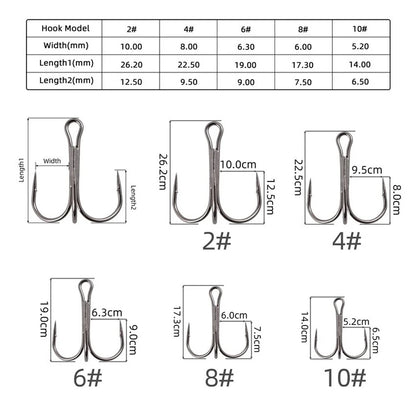 50pcs/box Treble Fishing Hook Fishing Hook High Carbon Steel Treble Overturned Hooks Fishing Tackle Round Bend Treble For Bass
