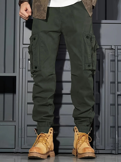 Mens Trousers Popular Casual Slim Fit Solid Color Pocket Cargo Pants Loose Wide Leg Straight Elastic High Waisted Pantalones