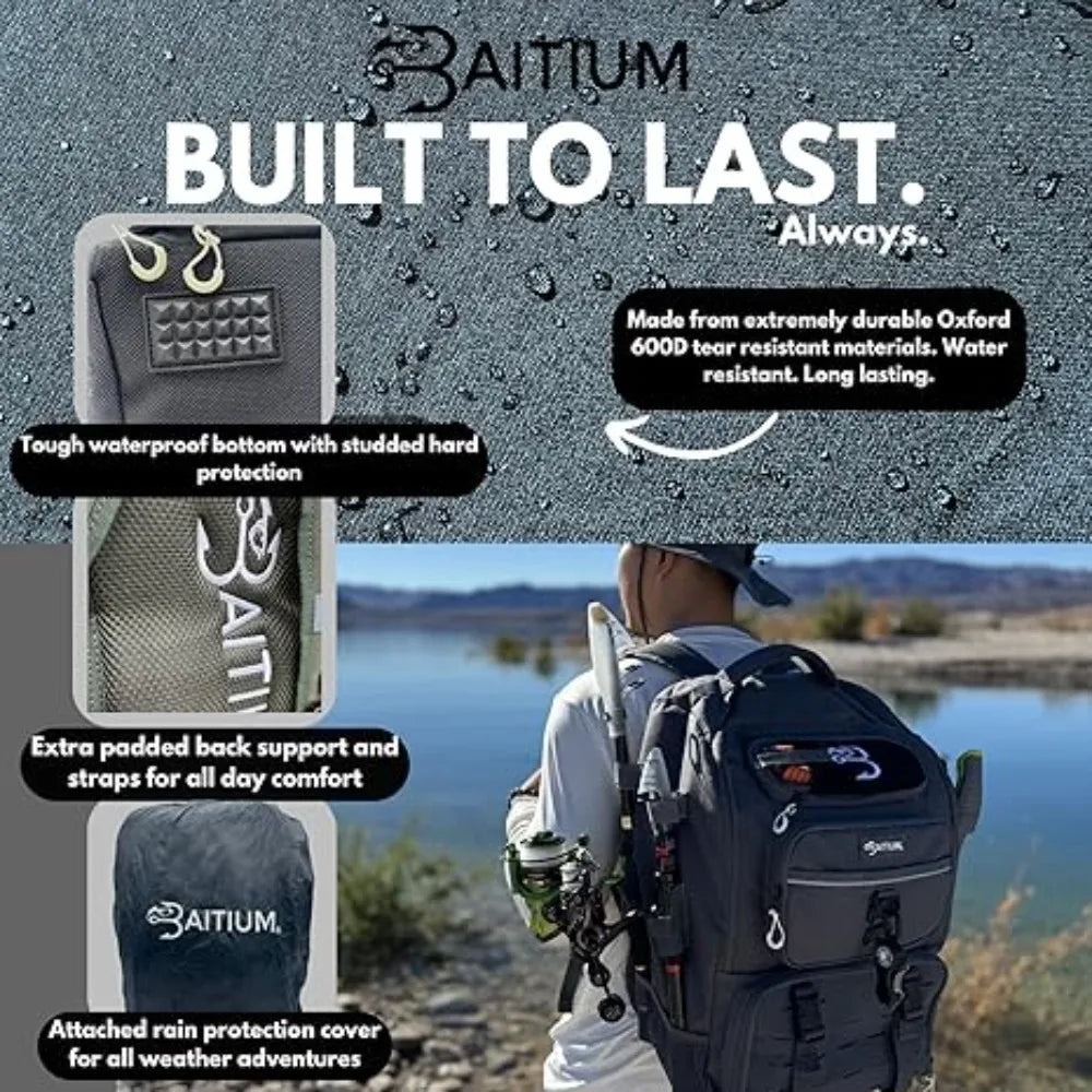 Fishing Backpack, Tackle Bag With Rod Holders, 40L Capacity With Cooler, Rain Cover, Insulated Pocket