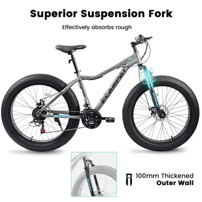 26-Inch Mountain Bike , Disc Brakes, 21-Speed Flat Wheel Tire Carbon Steel Bicycle Frame Fat Snow Bike Mountain Bicycle