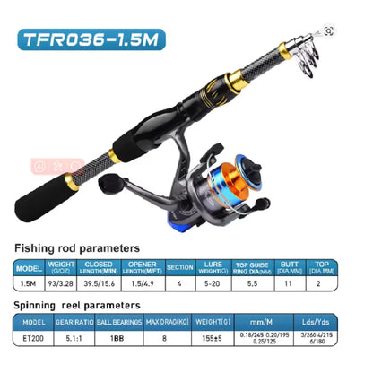 Fishing Combo Portable Ultralight Telescopic Rod and 5.1:1 Gear Ratio Spinning Reel Lures Hooks Line Full Kit
