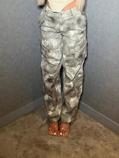 Women's Camo Cargo Pants  Wide Leg Baggy Style,  Flap Pockets