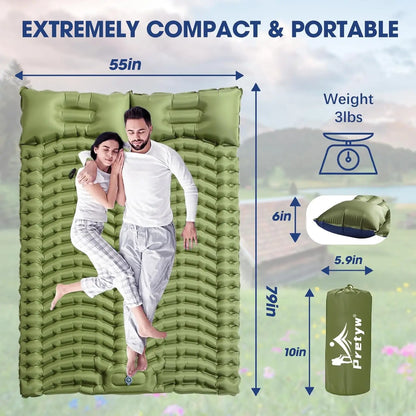 Double Sleeping Pad for Camping - Ultralight Camping Mattress with Pillow, Built-in Foot Pump, Inflatable 2-Person Portable Mat