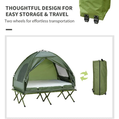 2 Person Foldable Camping Cot with Tent, Bedspread and Thick Air Mattress,   Elevated Camping Bed Tent