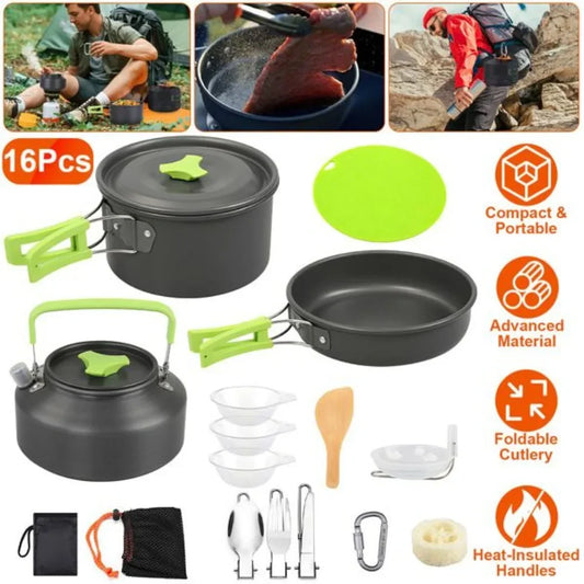 16Pcs Camping Cooking  Bowls Knife Fork Camping Stove Cookware Kit Aluminum Pot Pan Kettle Set