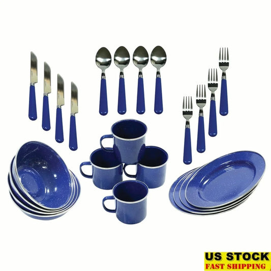 24 Piece Enamel Dinnerware Set Stainless Steel Camping Tableware Lightweight Durable