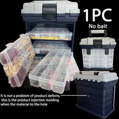 fishing tackle box, a four-layer bait box, a grey fishing accessory storage box, a plastic fishing box