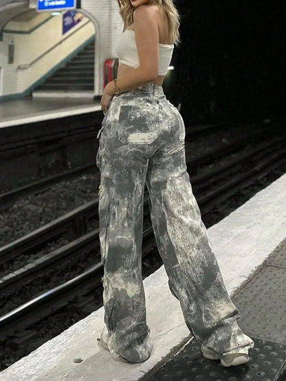 Women's   High Waist Baggy Camo Cargo Pants - Relaxed Wide-Leg with Pockets, New Year Warm Thermal