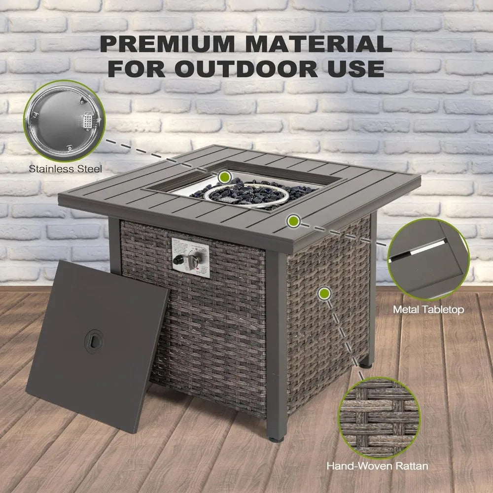 Nuu Garden Outdoor 30" 50,000 BTU Propane Gas Fire Pit Table, Square Gas Fire Pit Table with Glass Beads and Lid, Hand-Woven Wic