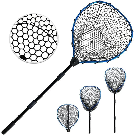 Telescoping Aluminum Alloy Fishing Net - Adjustable Length and Rubber net (Blue)
