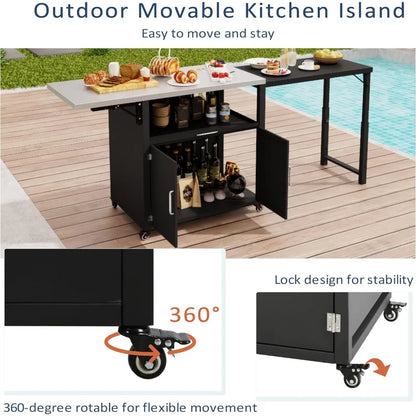 Outdoor Kitchen Island with Folding & Expandable Work Surfaces, Iron Outdoor Grill Table with Ample Storage Space, Rolling Bar C