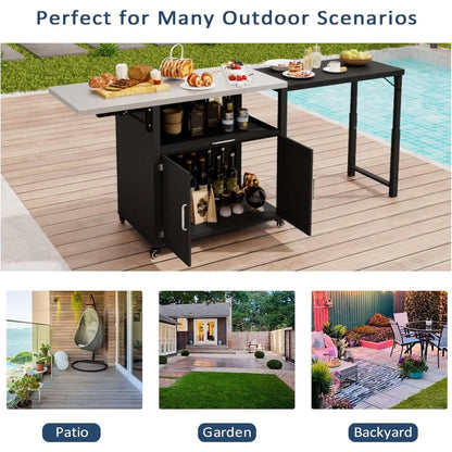 Outdoor Kitchen Island with Folding & Expandable Work Surfaces, Iron Outdoor Grill Table with Ample Storage Space, Rolling Bar C