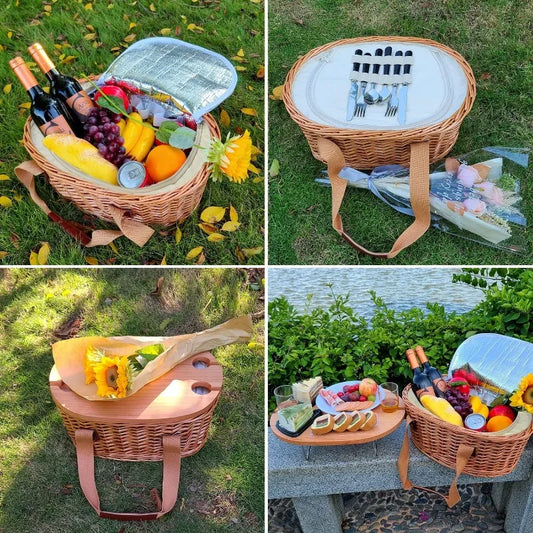 Picnic Basket Set for 2 with Mini Folding Wine Picnic Table & Large Insulated Cooler Bag & Cutlery Service Kits for 2 Person