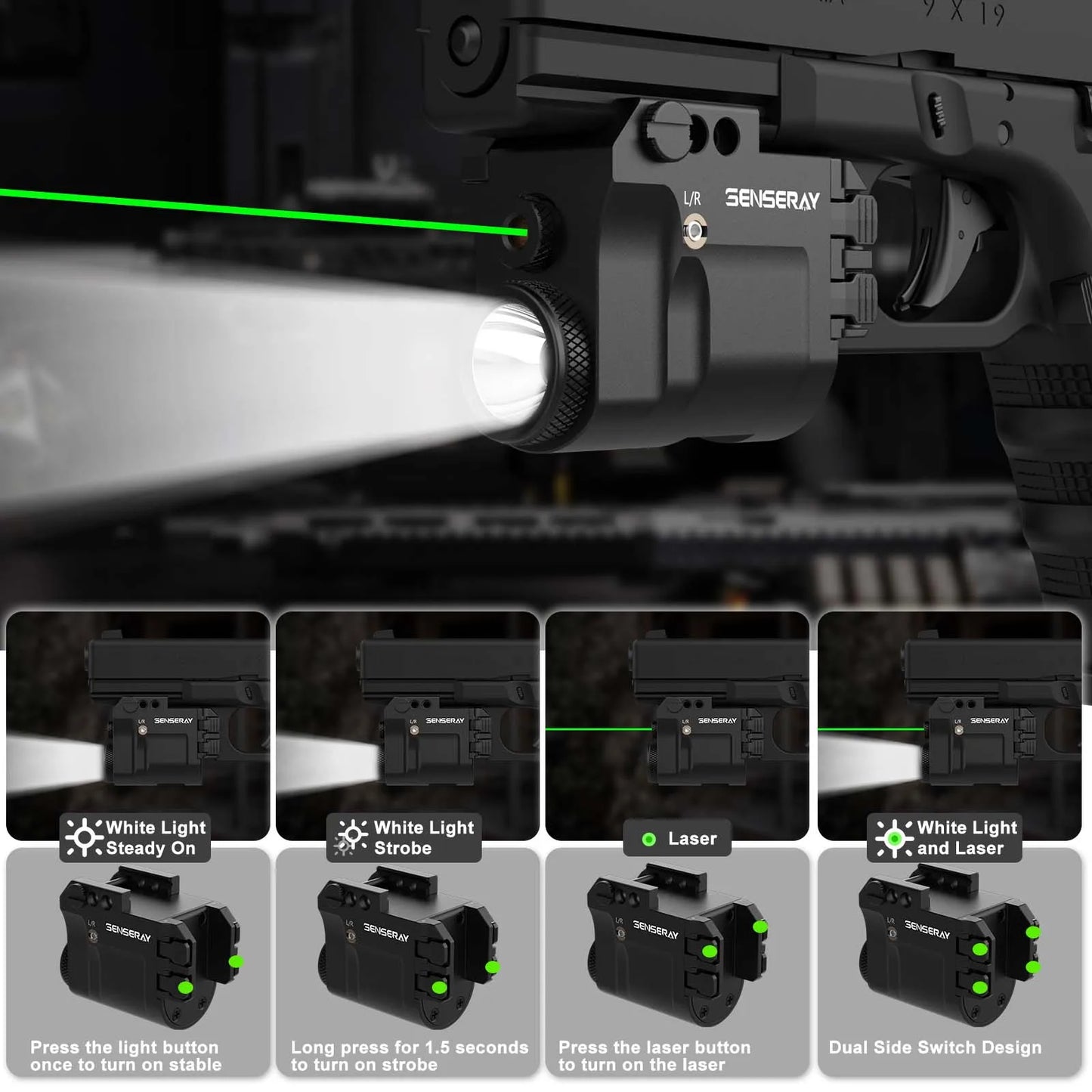 Pistol Light Green Laser Beam Combo Rechargeable Gun Light Strobe Magnetic Charging 1913 Rail Mounted Flashlight