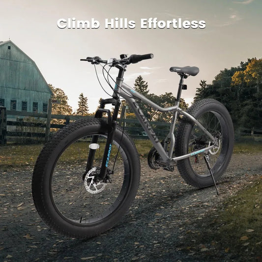 26-Inch Mountain Bike , Disc Brakes, 21-Speed Flat Wheel Tire Carbon Steel Bicycle Frame Fat Snow Bike Mountain Bicycle