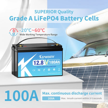 KEPWORTH New 12V 180Ah LiFePO4 Battery  Build in 100A BMS  Perfect Replacement for Lead Acid for Motorhomes, Solar System
