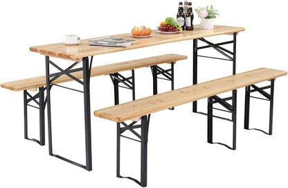 70 Inch Folding Picnic Tables with Benches Set, Weather-Resistant Wooden Beer Garden Table Bench, 3-Piece Portable Fold Up